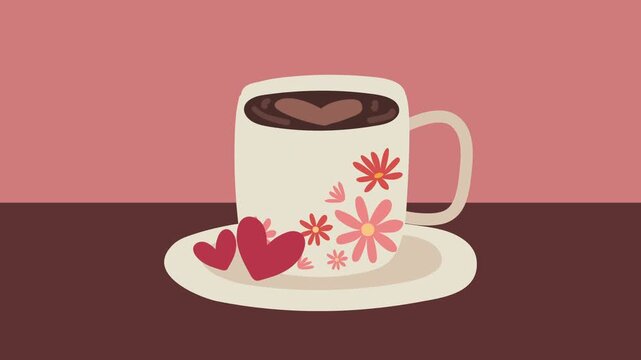 Minimalist animation of coffee cup with heart latte art and floral pattern on pink background.