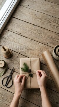 Person wrapping a Christmas gift with brown paper and twine on a rustic wooden table. holiday season activity