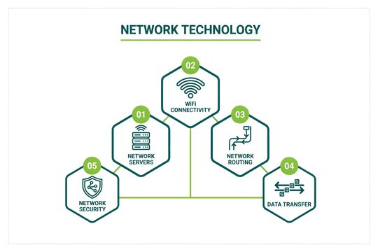 Network technology infographic with five hexagonal process steps
