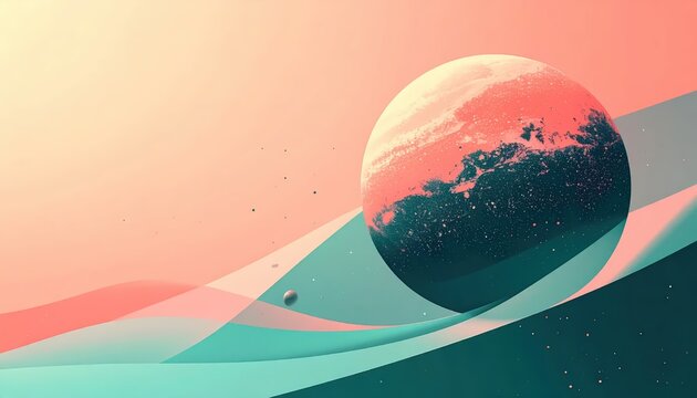 Abstract Digital Illustration of a Cosmic Planet with Fluid Wavy Lines and Ample Copy Space in Pastel Pink and Deep Teal Tones for Minimalist Background Design