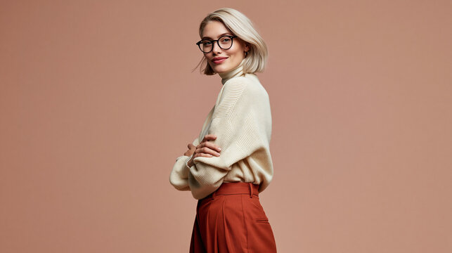Junge Frau mit Brille und Baskenm&uuml;tze im beigen Pullover, klassischer Modestil vor neutralem Hintergrund.