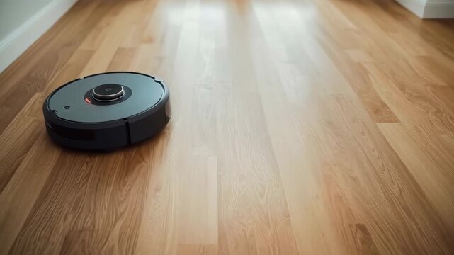 Robotic Vacuum Cleaner Cleaning Polished Wood Floor in Bright Modern Home Interior