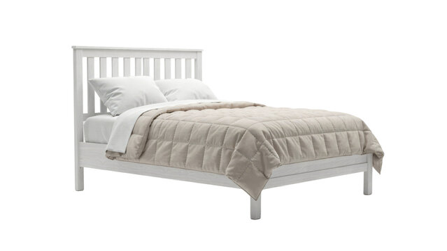 White wooden bed frame with a beige quilted comforter and two white pillows on a plain light background, isolated on a, transparent background