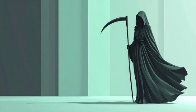 Minimalist Grim Reaper Illustration with Scythe and Ample Copy Space for Text against a Clean Architectural Background