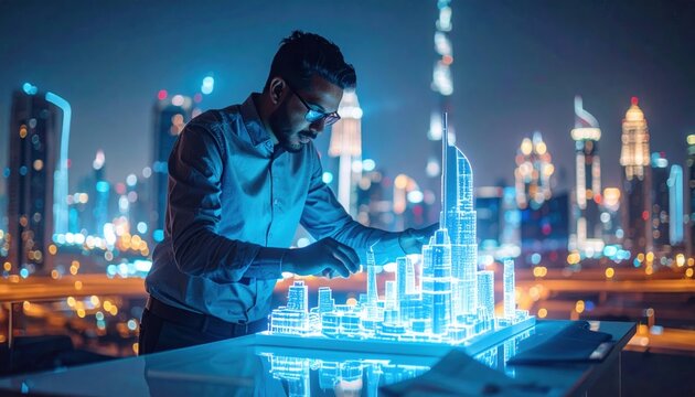 Futuristic designer manipulating blue holographic city model at night.