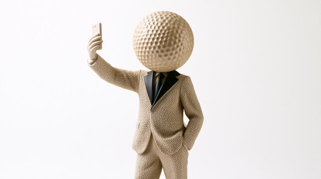 Surreale Figur mit Golfballkopf im beigen Anzug macht Selfie vor wei&szlig;em Hintergrund, kreatives Motiv f&uuml;r Werbung
