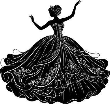 Black silhouette of princess dancing in ball gown dress vector illustration