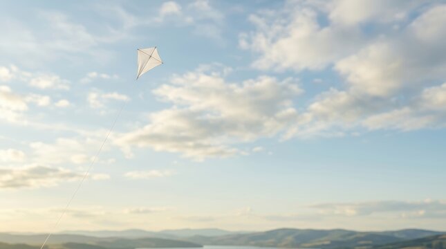 Faith and spirituality photography of a white kite flying high in a cloudy blue sky over rolling hills, representing freedom and hope with ample copyspace.
