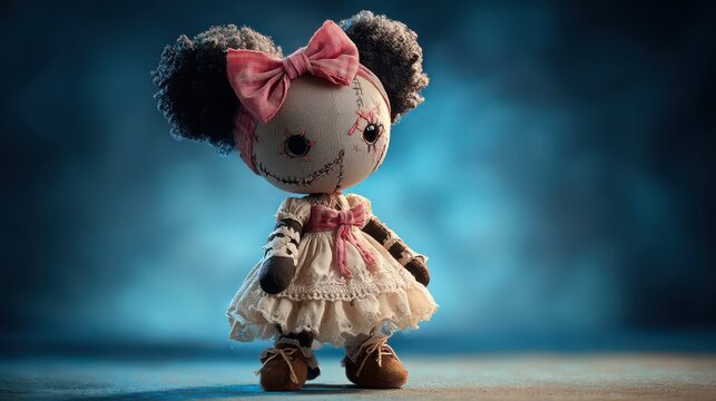 Cute voodoo doll girl with bow in dress, Adorable voodoo doll girl in a dress adorned with a bow