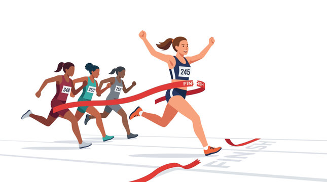 Woman runner winning race, crossing finish line, triumphant victory