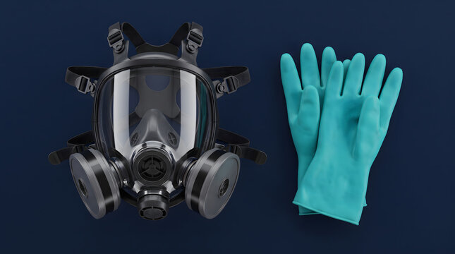 Full face respirator with protective gloves on dark background