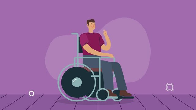 Animation of man in wheelchair waving hand on purple background representing disability and accessibility.