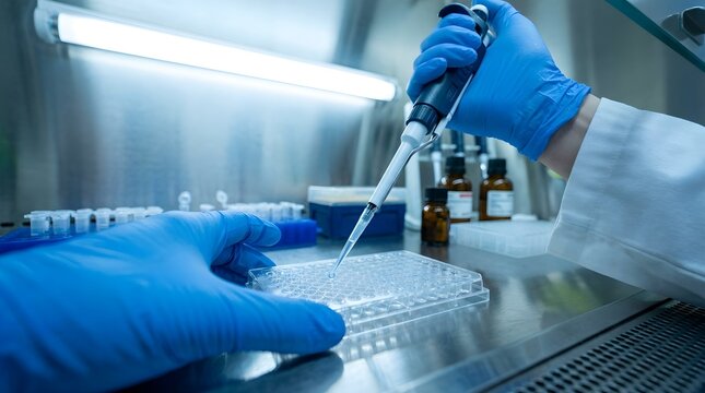 Scientist hands dispensing liquid with micropipette into microplate in laboratory research