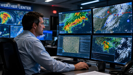 Fototapeta premium Meteorologist Analyzing Weather Radar Data on Screens 