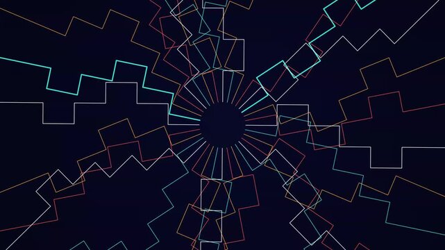 Geometric glowing lines forming a circular star burst pattern with vibrant colorful thin linear strokes