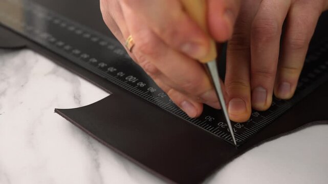 Craftsman tracing a cutting line on a piece of genuine leather with an awl and a ruler in a traditional workshop
