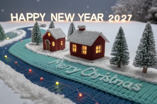 Happy new year 2027 greeting text over a miniature snowy village scene