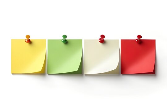 Four colorful sticky notes pinned in a row on a clean white background
