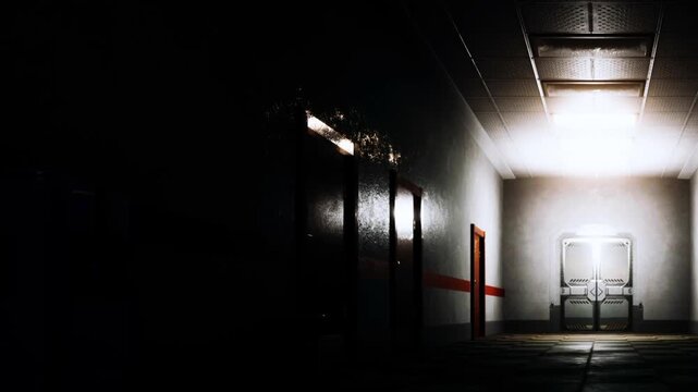 A long hallway shows empty seats on one side. Bright light shines from down the hall. The walls and floor look worn. There are doors on each side and the atmosphere feels eerie.