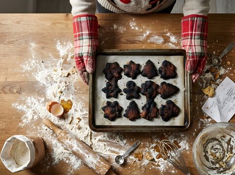 Person holding a baking tray with burnt Christmas cookies on a messy wooden table. holiday season activity