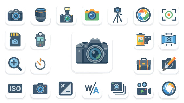 Photography Icons: Camera, Lens, Tripod, SD Card, Film, ISO, Aperture