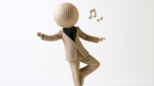 Tanzende Figur mit Golfballkopf im beigen Anzug, umgeben von Musiknoten, humorvolles Konzept vor wei&szlig;em Hintergrund.