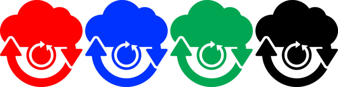 Set of four colorful cloud icons with sync circular arrows design isolated on a transparent background.