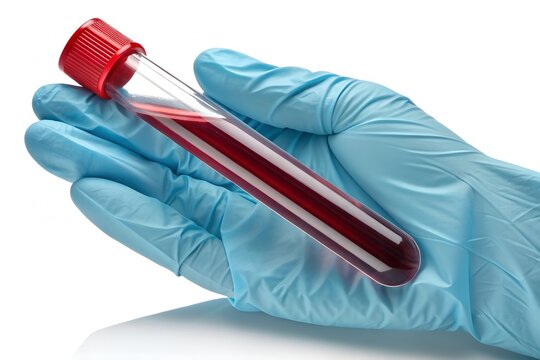 Gloved hand holding blood sample test tube with red cap on white background