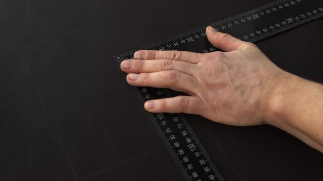 Leatherworker measuring and tracing pattern on black leather using ruler and awl for handmade craft project in workshop