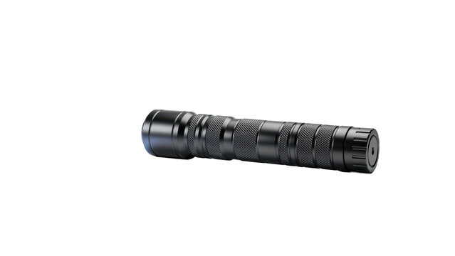 A black metal handheld flashlight with a textured grip surface lying horizontally on a white surface isolated on a transparent background