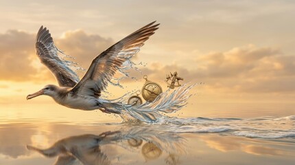 Fototapeta premium Surreal photography of a bird flying over the ocean with liquid wings and navigational tools.