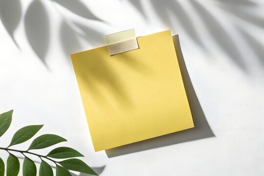 Yellow sticky note taped on white background with leaf shadows