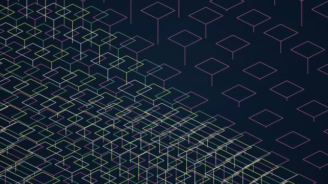 Geometric isometric network structure with intersecting lines and glowing squares on a dark navy blue surface