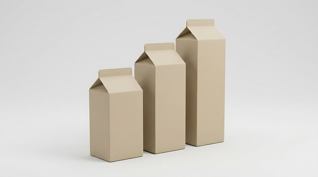 Three blank beige cardboard milk carton packages in different sizes standing in a row for branding design. juice box mockup