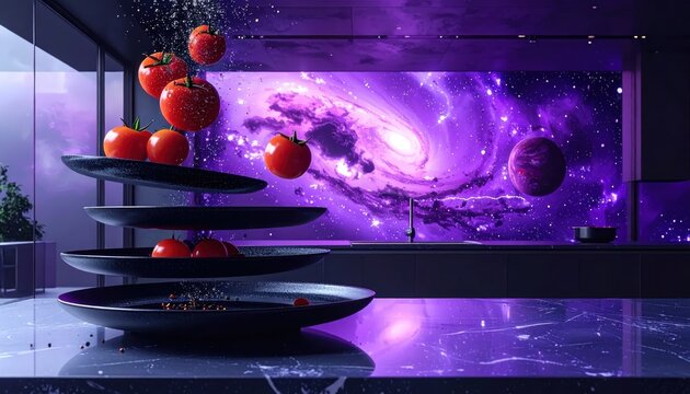 Surreal kitchen interior with levitating red tomatoes and black plates against a vibrant purple galaxy background, featuring ample copy space for creative designs.