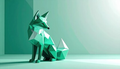 Minimalist Mint Green Low Poly Fox Sculpture with Large Copy Space for Creative Text and Design
