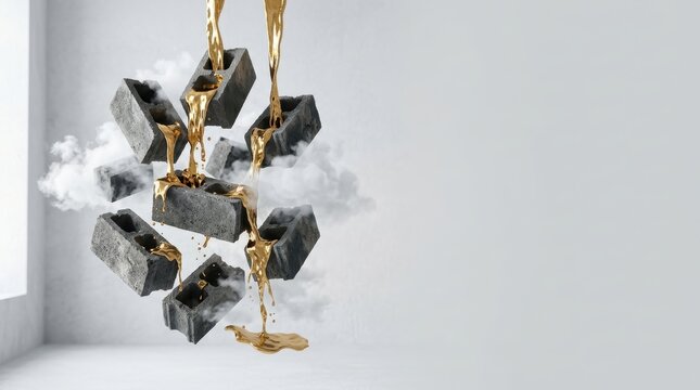 Surreal photography of floating concrete cinder blocks with molten liquid gold pouring through them amidst white clouds in a minimalist room