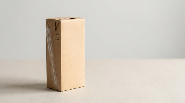 Small brown carton box for juice or milk with a plastic straw attached for drinking and personal use. juice box mockup
