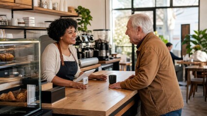 Fototapeta premium A cafe owner greeting an older regular customer at a low accessible counter during a calm midmorning service, candid medium action view
