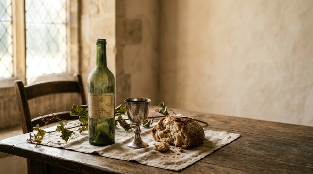 Faith and spirituality photography of communion bread and wine with a silver chalice on a rustic wooden table with copyspace.