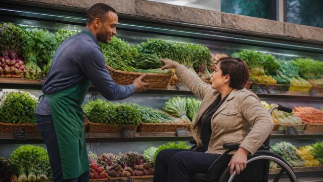A local grocer helping a wheelchair user reach a basket of produce without staging or exaggerated assistance, candid medium action view