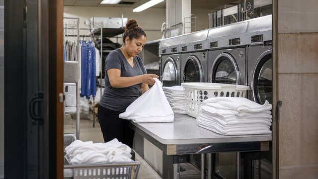 A woman running a neighborhood laundry folding clean linens beside energy efficient commercial machines with no logos, layered environmental