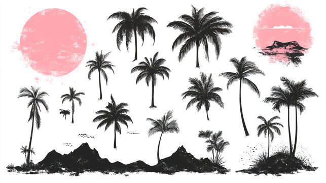 Set of tropical palm trees silhouettes with pink sun elements and mountain landscape tree silhouette tropical island summer design beach element