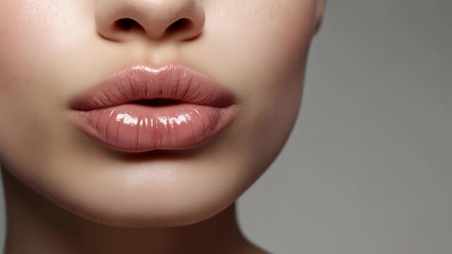 Glossy Female Lip Closeup with Plump Pout, Pink Mouth, Smooth Skin, Beauty Portrait Detail
