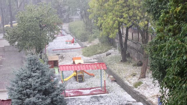 A hailstorm is a severe localized thunderstorm that produces solid lumps of ice known as hailstones.
