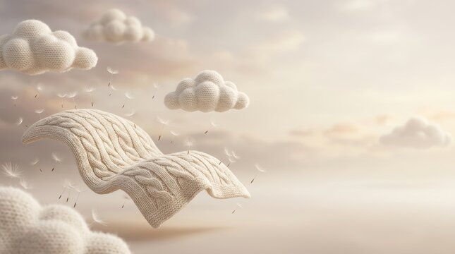 Surreal photography of floating knitted blanket and crochet clouds in dreamy sky