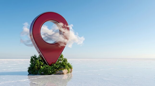 Surreal photography of a giant red map pin icon on a tiny green island in the middle of a white salt flat desert under a clear blue sky, navigation and travel concept.