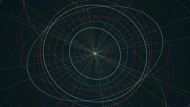 Geometric rotating orbital lines forming concentric circles with glowing central points in dark space environment