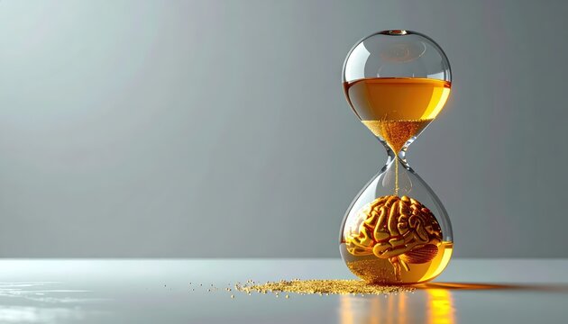 Conceptual Hourglass with Golden Liquid Filling a Human Brain, Symbolizing Wisdom, Time Management, and Cognitive Health, Minimalist Background with Copy Space