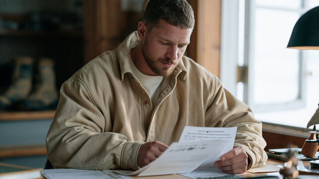 Stock trader cross references two printed documents at a desk shrouded in early morning mist near an open window, hand lettered brush ink annotations marking margins in irregular